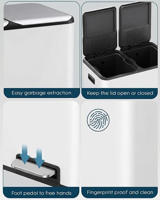 ComfyCorner 16 Gal (2 x 30 L) Dual Trash Can with Odor Control Box | Stainless Steel Kitchen Garbage Bin, Recycle Dustbin with Soft-Close Lid,Inner Buckets,Side Handle,Step Pedal,for Home Office