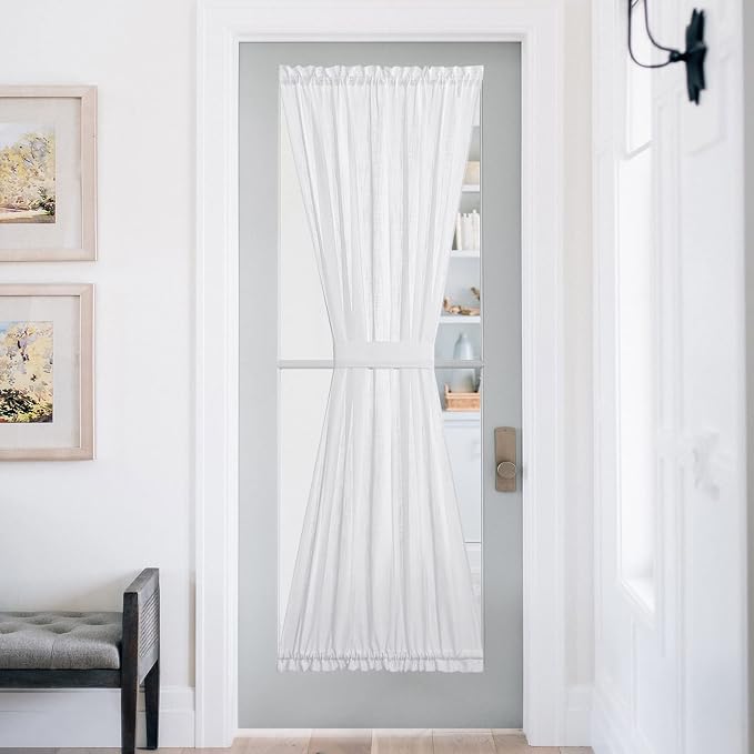 NICETOWN Lined Look Door Panel - Semitransparent Voile Window Curtain | Semi Sheer for Patio/Sliding Glass Door with One Bonus Tieback, 52" Width by 72" Length, White