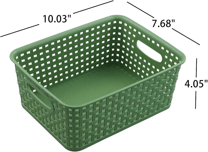 Sadstory Green Plastic Woven Storage Basket, Plastic Shelf Basket, 6 Packs | Deep Green Small Plastic Organizer Baskets for Bathroom, Kitchen, Pantry