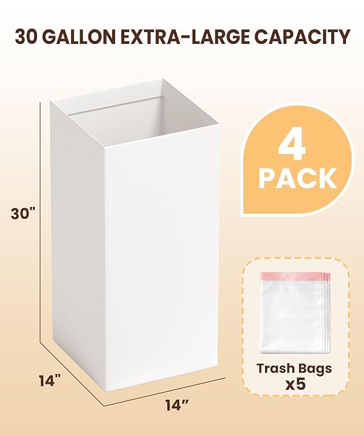 Magicheap 30 Gallon Disposable Trash Cans for Parties, 4 Pack, White | 30" H x 14" W x 14" D, Reusable, Portable, Collapsible, Recycled Cardboard Recycle Bin for Events Parties Camping