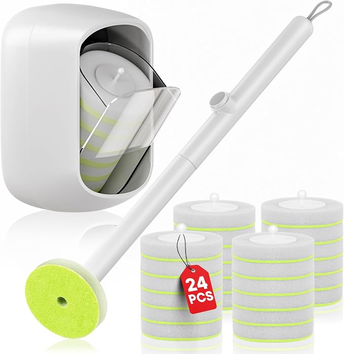 Disposable Toilet Brush and Holder Set, Toilet Bowl Cleaner Wand with 24 Refill Heads, Toilet Brush for Bathroom, Toilet Bowl Brush and Holder, Toilet Scrubber Kit with Storage