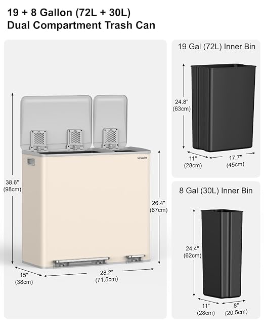Dual Trash and Recycling Bins for Kitchen, 19+8 Gallon (72+30L) Stainless Steel Trash and Recycle Bin Combo with Soft-Close Lid, Large Garbage Cans for Kitchen Home with 2 Magnets Sticker, Apricot