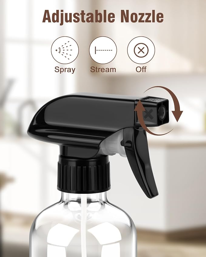 Bontip Glass Spray Bottle 8 oz for Cleaning, Plants (2 Pack, Transparent) | Refillable spray bottle Set, BPA-free eco glass, With labels and funnel, Great for cleaners, plant misting, hair care