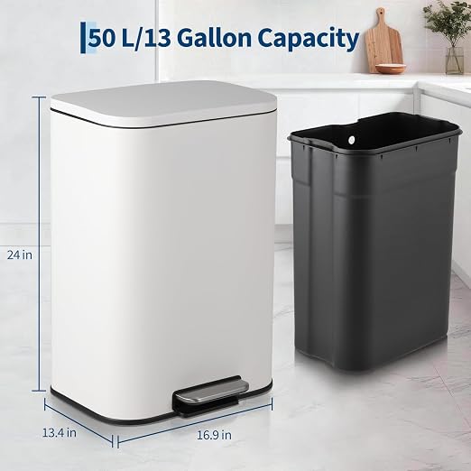 Takywep Stainless Steel Fingerprint Proof Soft Close Recycling Trash Can with Foot Pedal & Removable Inner Bucket, Rectangular Waste Bin for Kitchen Home Office Bathroom Restaurant