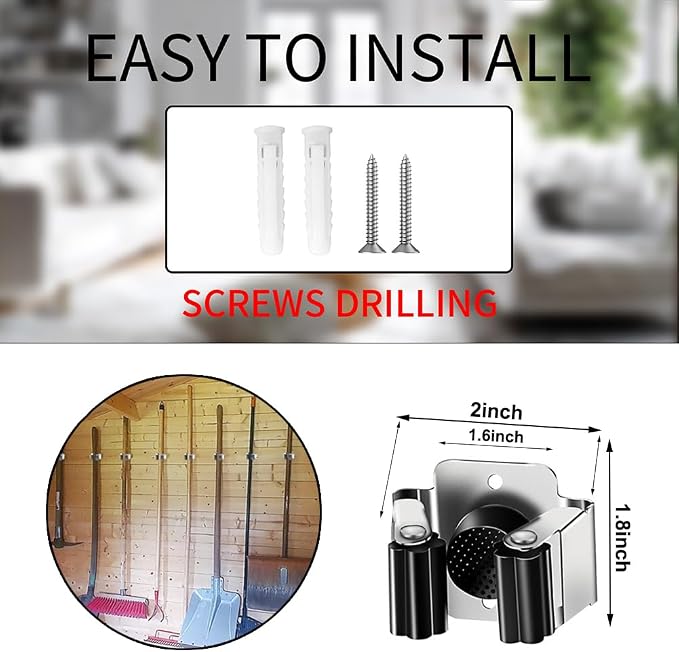AKOAK Broom and Mop Rack Holder, Wall Storage Organizer, Screw Mount, Garden Tool Organizer Stainless Steel Mop Rack, Home, Kitchen, Bathroom, Garden, Garage Storage (4 PCS, Black+Silver)
