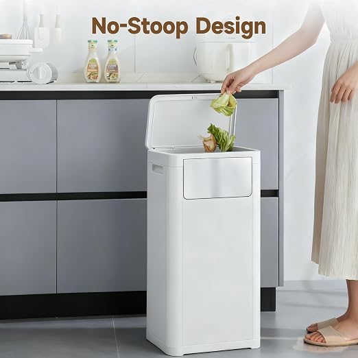 Tall Bathroom Trash Can with Lid, Skinny Commercial Trash Bin with Handle, Space Saving 8 Gallon Plastic Garbage Can with Press Top Lid, White Trashcans for Kitchens, Office, Living Room, Dorm