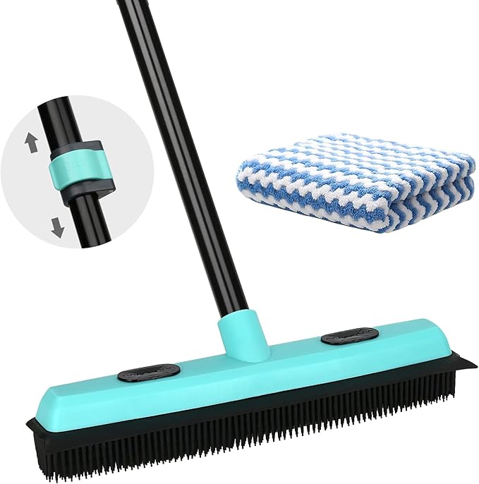 Rubber Broom Carpet Rake for Pet Hair Removal, Fur Remover Broom with 59" Telescoping Long Handle, Pet Hair Broom with Squeegee for Carpet, Hardwood Floor, Tile | Fur Remover Broom Pet Hair Broom with Squeegee for Carpet, Hardwood Floor, Tile, 59" Tele...