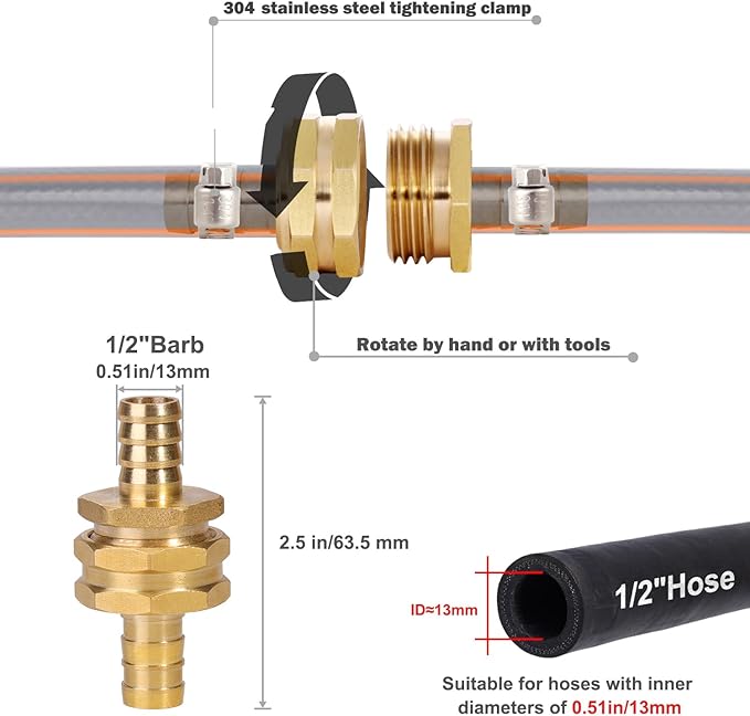 Solid Brass Garden Hose Repair Connector with Clamps Hose End Repair Kit,Fit for 1/2"Garden Hose Fitting,Male and Female Hose Fittings(1/2"-3 Set)