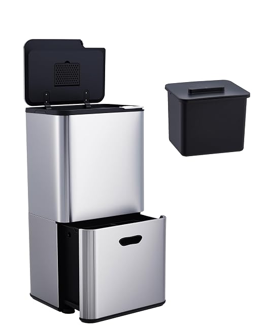 Garvee Dual Trash Can for Kitchen, 2 Compartment (33L + 28L) Garbage Can | Stainless Steel Trash and Recycle Bin Combo, with Compost Bin, Removable Inner Bucket, Odor Control, Silver