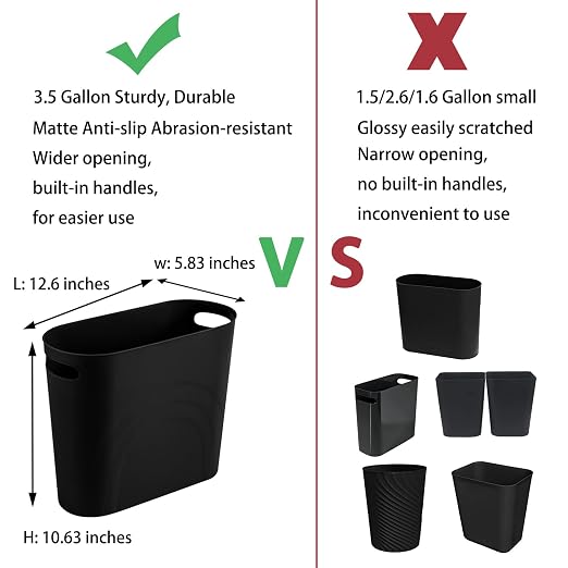 rejomiik Small Trash Can, Slim Garbage Can Plastic Waste Basket with Handles 3.5 Gallon Container Bin for Narrow Spaces Bathroom, Bedroom, Kitchen, Office at Home, 2 Pack Black | Plastic Waste Basket with Handles for Bathroom, Bedroom, Dorm, Kitchen, O...