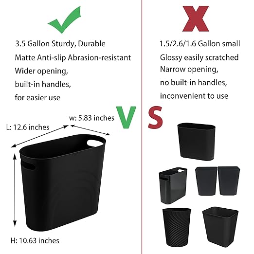 rejomiik Small Trash Can, 3.5 Gallon Slim Garbage Can Plastic Waste Basket with Handles Container Bin for Narrow Spaces Bathroom, Bedroom, Kitchen, Office at Home, Black | Plastic Waste Basket with Handles for Bathroom, Bedroom, Dorm, Kitchen, Office a...