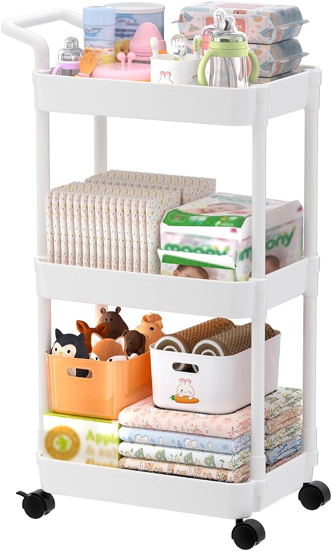 Volnamal Diaper Caddy, 3 Tier Rolling Cart for Baby Essentials, Off-White | Movable & Easy Assemble Cart for Newborn Nursery Essentials, Diaper Storage Organizer for Changing Table&Crib, Baby Registry