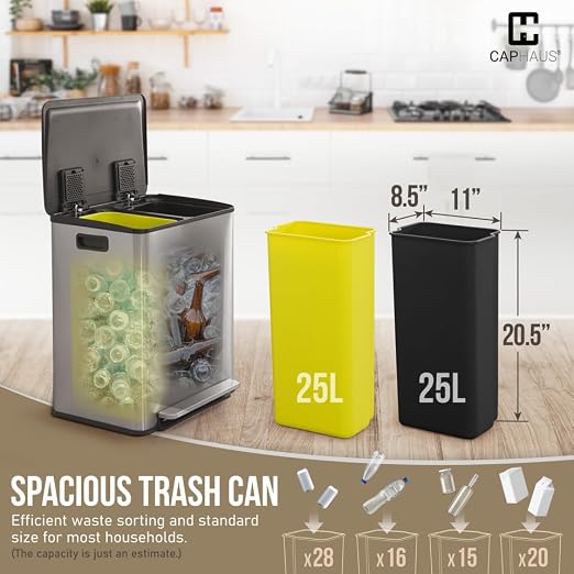 CAPHAUS Black Dual Trash Can w/Single Lid, Trash & Recycle Bins Combo, Hands-Free Stainless-Steel Garbage Can for Kitchen, with 2 Compartment, Hinged Lid, Odor Filters, Handles, 25L+25L, 2 x 6.6 Gal