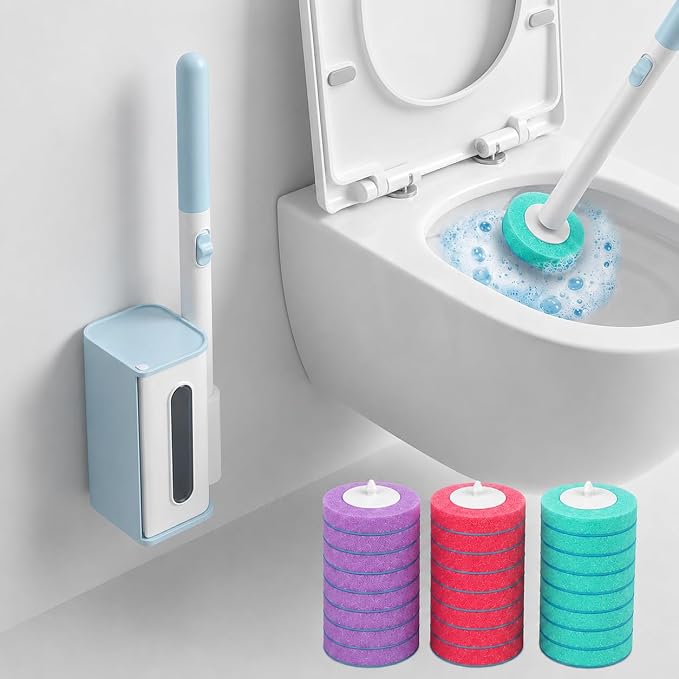Disposable Toilet Brush, Wall Mount Holder Set with 24 Refill Brush Heads | Hands Free Toilet Brush, One-Button Release, Compact Design, Disposable Toilet Set, RV Bathroom Accessories, 3 Mixed Scent