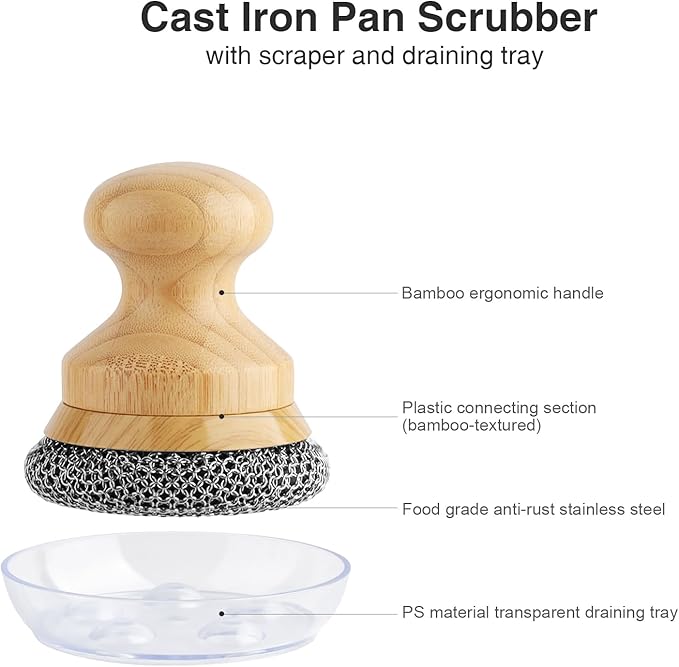Scrubber for Cast Iron Pan, Pot Cleaner with 2 Scrapers,Chain Mail Cleaning Brush for Dishes, Pots, Pans, Griddles, Grills(Small Chain Mail,2pcs)
