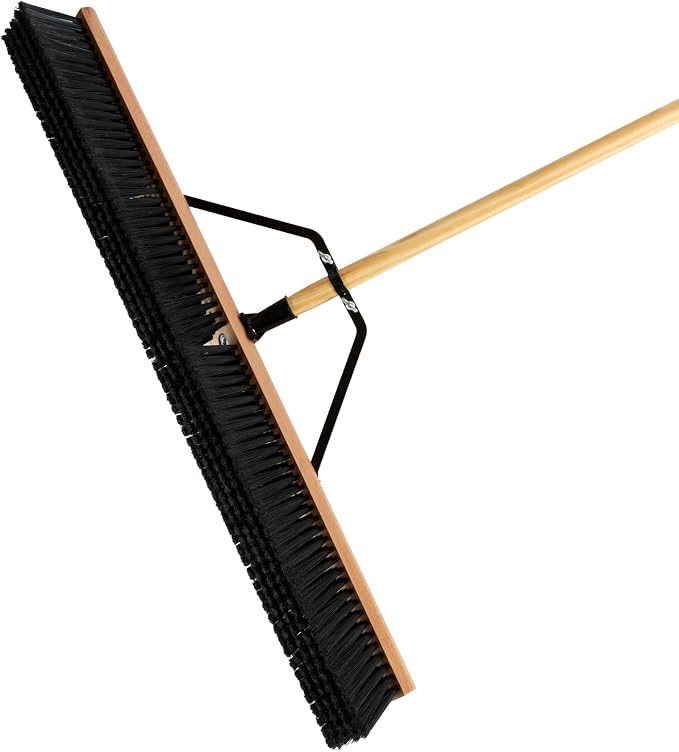 Restaurantware-Clean Tek Professional 36 Inch Push Broom, 1 Heavy-Duty Broom with 60â€ Handle - Fine Plastic Bristles, Durable, Wooden, Commercial Use, for Deck, Driveway, Garage, Yard, Patio