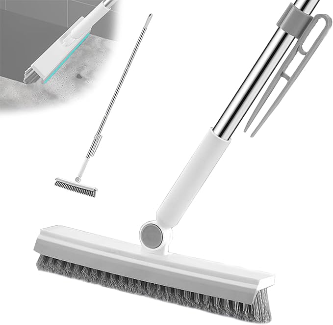 3 in 1 Floor Scrub Brush with Squeegee,27.6–57” Adjustable Thickened Stainless Steel Long Handle,180° Rotatable V-Shape Stiff Grout Brush for Bathroom Tile,Patio,Garage,Swimming Pool,Deck Wall Clean
