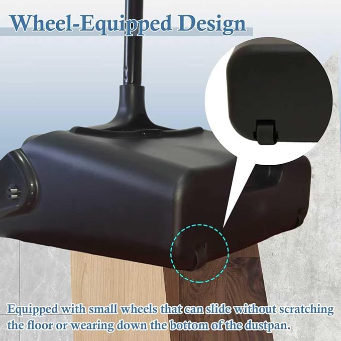 Broom and Dustpan Set， Dust Pan and Broom Combo | Long Handle and Wheels, Upright Standing，Heavy Duty，Large， for Indoor Outdoor, Kitchen, Garage, Restaurant Cleaning –Black