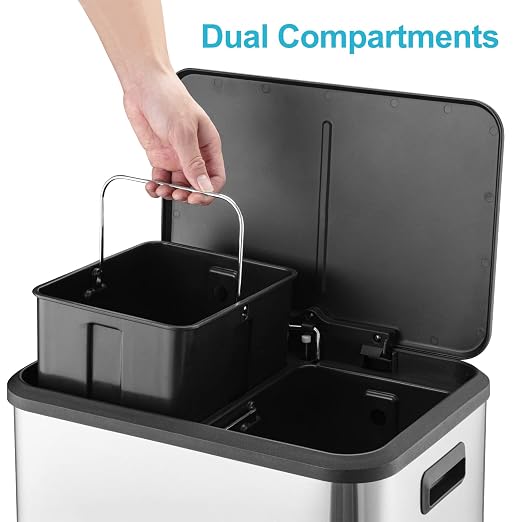 GAOMON Kitchen Dual Trash Can and Recycling Bin, 2 x 4 Gallon Stainless Steel Trash Can, 30 Liter, Removable Inner Bin and Soft Close Lid, Suitable for Home, Office, Business - Silver