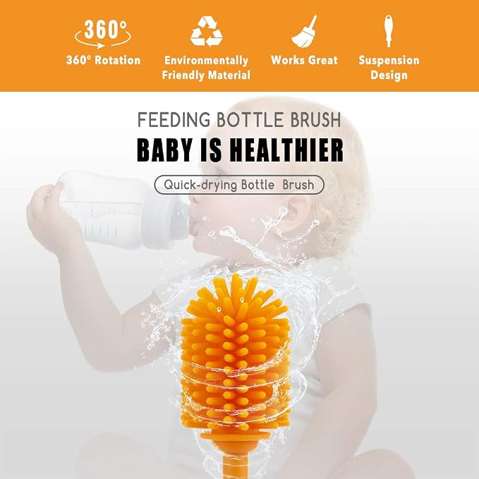 Silicone Bottle Brush with Long Handle, 12.5" Bottle Cleaning Brush, Orange | Water Bottle Cleaner for Baby Bottles, Hydro Flask, Sports Bottle, Vase, Glassware, for Smaller Diameter Bottle Openings