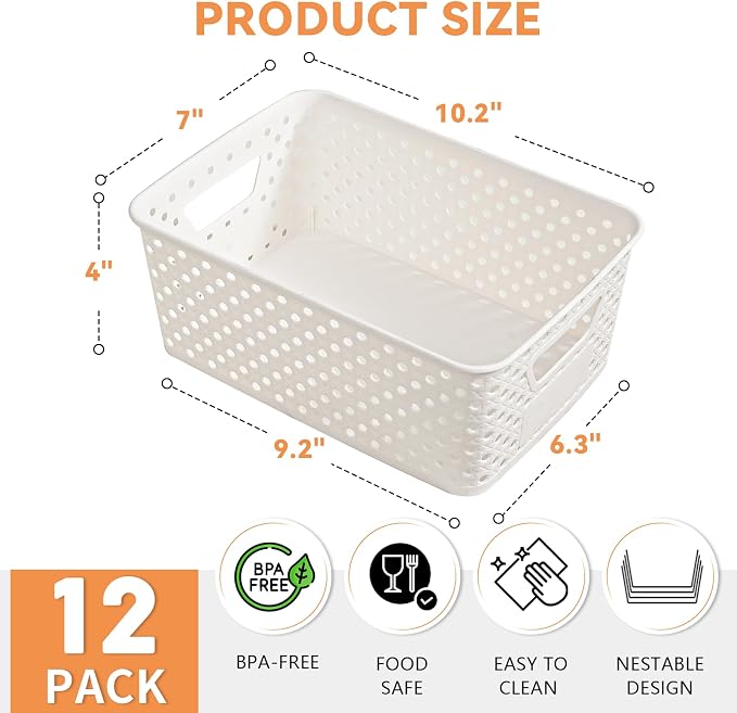 12 Pack Plastic Storage Baskets for Organizing, Storage Baskets for Shelves with Handles, Small Storage Bins with Labels, Classroom Storage Organization for Cabinet,Closet, Office