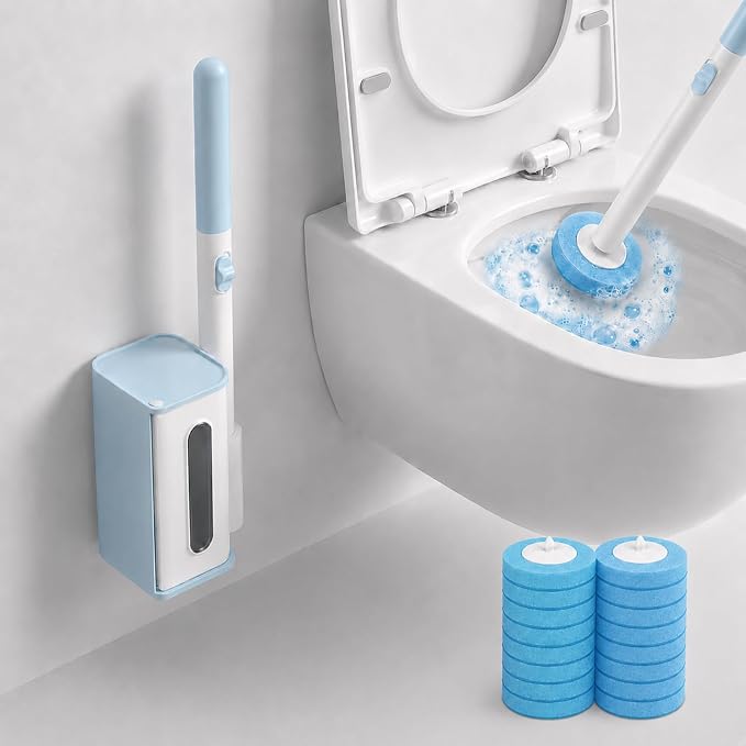 RV Toilet Brush, RV Accessories, Wall Mount Toilet Brush, 16 Toilet Refills | RV Toilet Brush and Holder Set, Hands Free Toilet Brush, One-Button Release, Compact Design, Camper Essentials
