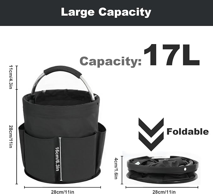 Cleaning Caddy with Handle, Cleaning Products Organiser, 17L Foldable Storage Basket, Cleaning Caddy Organiser, Portable Multi Cleaning Bucket Bag for Home, Garden (Black)