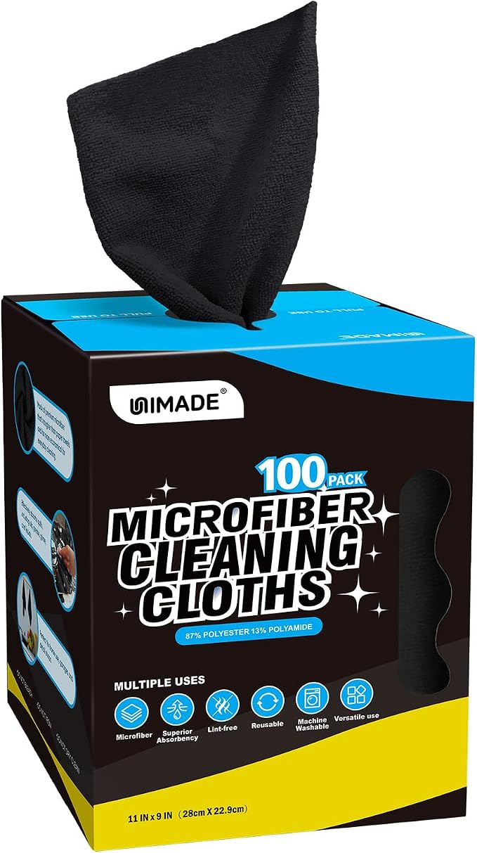 Microfiber Cleaning Cloth, 100 Sheets Microfiber Towels for Cars | Commercial Grade Washcloths Lint-Free Bulk Shop Towel Cleaning Rags for Mechanic Garage Housekeeping, 11"x 9", Black