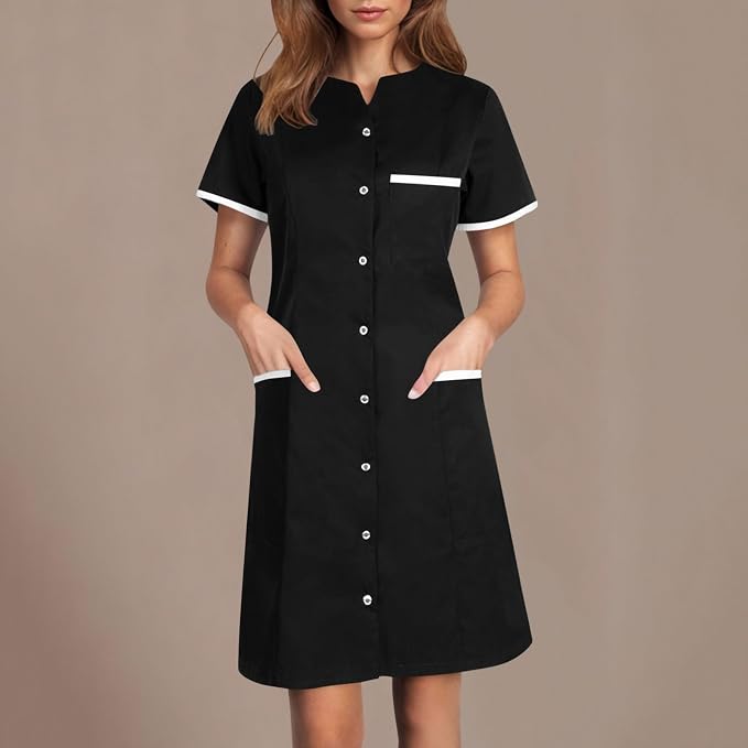 Scrubs Dress for Women - Button Front Nursing Workwear - Casual Housekeeping Dresses with Pockets