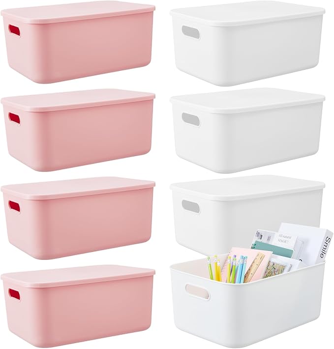 Hoolerry 8 Pack Storage Bins, 13.8 X 9.8 X 5.9 Inch White and Pink | Plastic Stackable Containers with Lid Handle, For Shelves Desktop Playroom Office, Organizing Toys Books Supplies Storage