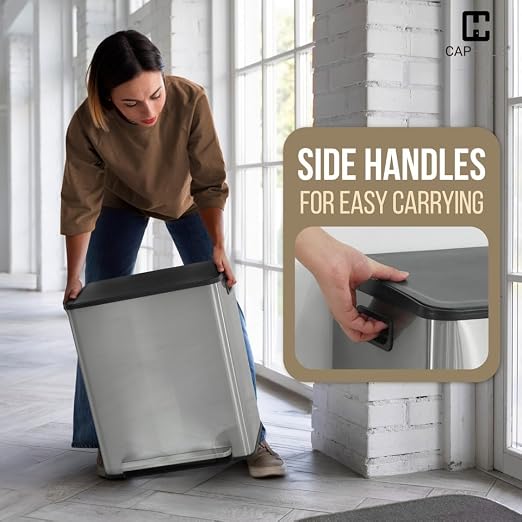 CAPHAUS Black Dual Trash Can w/Single Lid, Trash & Recycle Bins Combo, Hands-Free Stainless-Steel Garbage Can for Kitchen, with 2 Compartment, Hinged Lid, Odor Filters, Handles, 25L+25L, 2 x 6.6 Gal