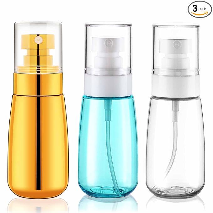 Travel Spray Bottle 3 Pack 2oz 60ml Fine Mist Spray Bottles | TSA Approved, Leak Proof, Empty Plastic Refillable, For Hair Perfume Toners Rose Water Cosmetics, Gold+Green+Clear