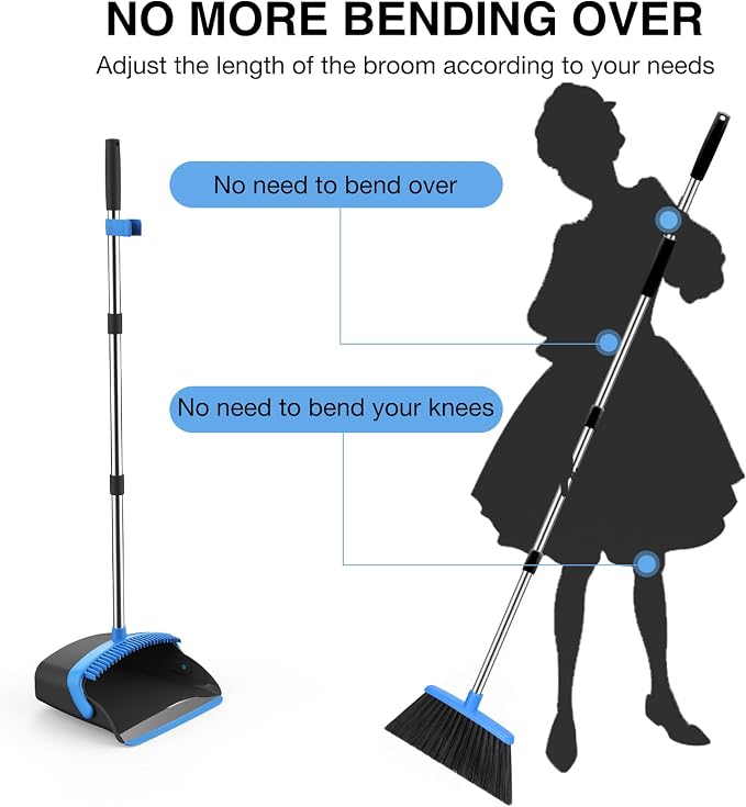 NACENA Broom and Dustpan Set, 52-in Long Adjustable Handle Broom Dustpan Combo with Dustpan Teeth to Automatically Clean Hair Suitable for Home Kitchen Office Hall Floor (Black&Blue),3 Pack