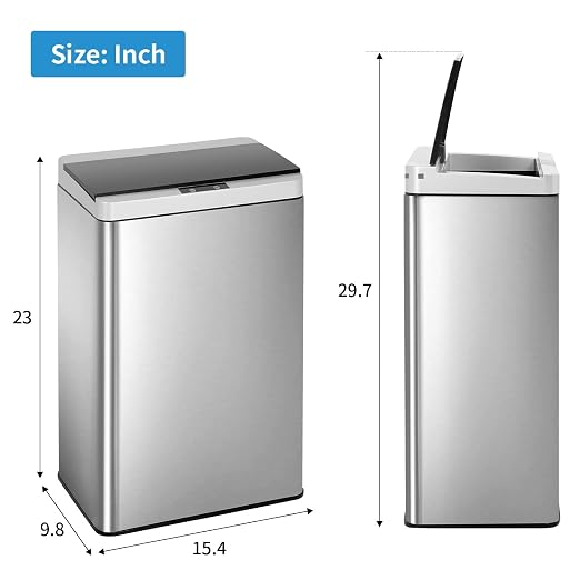 Stainless Steel Automatic Trash Can - 13.2 Gallon Motion Sensor Garbage Can with Soft Close Lid for Kitchen/Home Office (Silver)