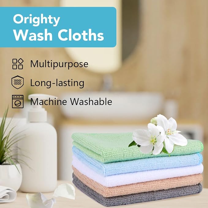 Orighty Washcloths Bulk, 200 Pack Microfiber Face Towels, 12x12 Inch | Highly Absorbent & Soft Feel, Multi-Purpose Wash Cloths & Hand Towels for Bathroom, Hotel, Spa, and Gym