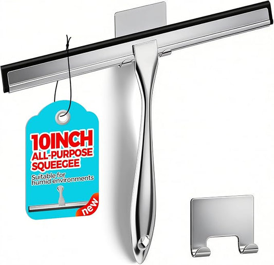 Shower Squeegee for Glass Doors, Tile Walls, Mirrors and Windshields | 10" Silver, Bathroom Accessories, Window Cleaner, New Home Essentials, Silicone Blade, Metal Handle, Adhesive Hook