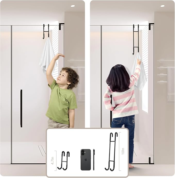 NINETREX Shower Door Hooks, Towel Hooks Frameless Glass Door, 10", 2 Pack | Heavy Duty SUS 304 Stainless Steel, for Towels Squeegee Loofah Shaver Robe, Bathroom Storage, Black