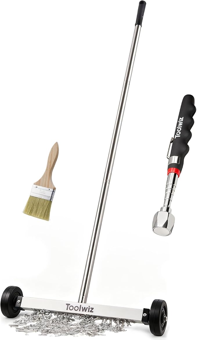 Toolwiz 15" Rolling Magnetic Sweeper with Telescopic Magnetic Pick Up Tool | 10lbs Capacity Sweeper, 16lb Magnetic Pick Up Tool, Lightweight with Wheels, For Nails, Screws & Metal Debris