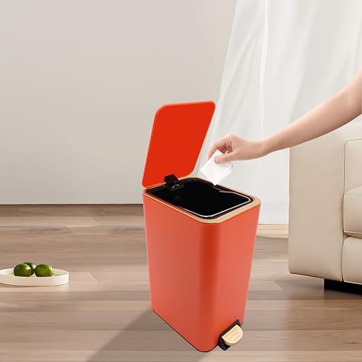 3.2 Gallon Slim Trash Can with Quiet Close Lid, Orange | Tall & Narrow Trash Bin, Space-saving, Hands-Free Step Pedal, Easy to Clean Inner,Waterproof, for Home Office