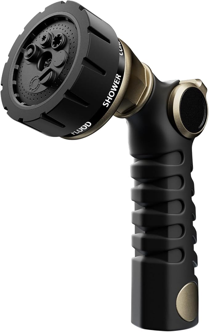 RESTMO Heavy Duty Hose Nozzle, Metal Garden Water Hose Sprayer | 7 Watering Patterns, Thumb Control, On Off Valve, Leak Proof Nozzle Sprayer for Watering Plants, Car & Pet Washing, Bronze