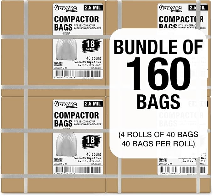Ultrasac 18 Gallon Compactor Bags (160 Pack with Ties) For 18 Inch Compactors - 28.25" x 33.5" Heavy Duty 2.5 MIL Garbage Disposal Bags Compatible with Whirlpool
