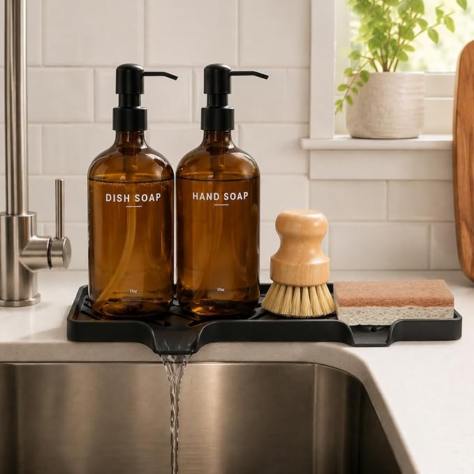 Kitchen Soap Dispenser Set with Self Draining Silicone Tray, Brush, Sponge | Hand and Dish Soap Dispenser Set, 2 x 17oz Amber Glass Soap Dispensers, Stainless Steel Pumps, Kitchen Sink Organizer