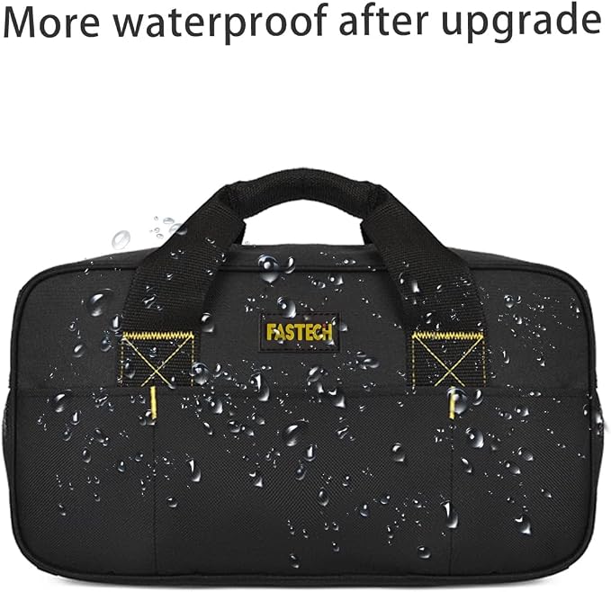 FASTECH 14 Inch Small Tool Bag, Wide Mouth Tool Tote Bag, Waterproof Tool Organizer Bag, Electricians Repairman Tools Tote Bag Double Fabric Storage Bag (Black+Blue)