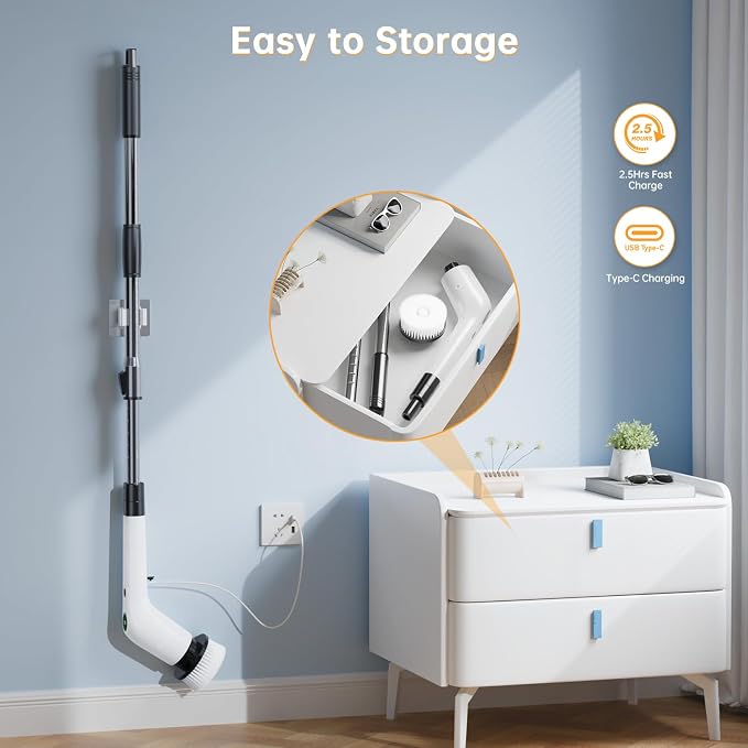 PUFTEM Electric Spin Scrubber, Cordless Shower Scrubber, Adjustable Handle | Dual Speed, 8 Replaceable Brush Heads, Adjustable Extension Handle, Battery Level Display, Bathtub, Tile & Floor Cleaning