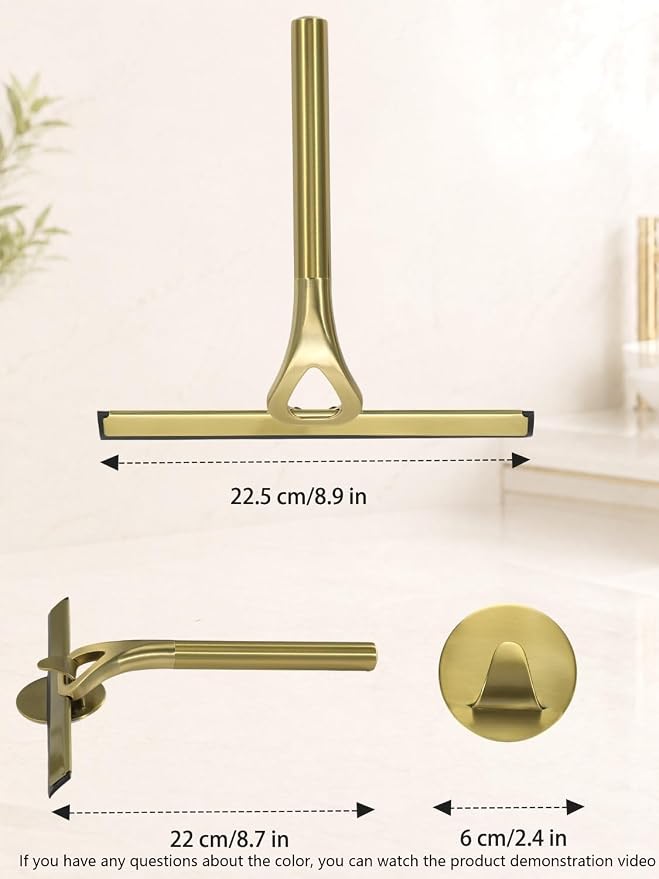 Gold Squeegee for Shower Glass 8.9x8.7in Brushed Stainless Steel | Shower Squeegee for Glass Doors,Leaves No Streaks, Rust-Resistant, Multi-surface Cleaning, Non-slip Handle, Comes with a Hook