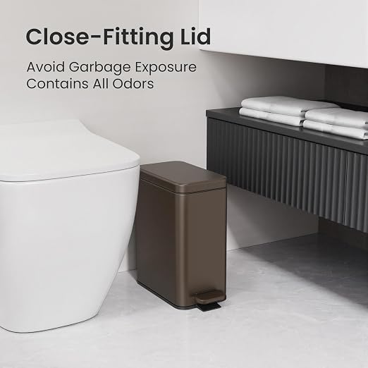 Cesun 2.6 Gallons Small Bathroom Trash Can with Lid Soft Close, Brown | Removable Inner Bucket, Small Stainless Steel Garbage Can for Bedroom/Office, Hands-Free Step Pedal, Fingerprint-Resistant