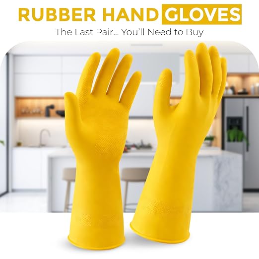 LADWA 1 Pairs Non-Slip Household Cleaning Reusable Dishwashing Gloves for Kitchen Washing Dishes Bathroom Gardening & Home Tasks Flexible Long-lasting Waterproof Gloves Perfect for Woman Men (Yellow)