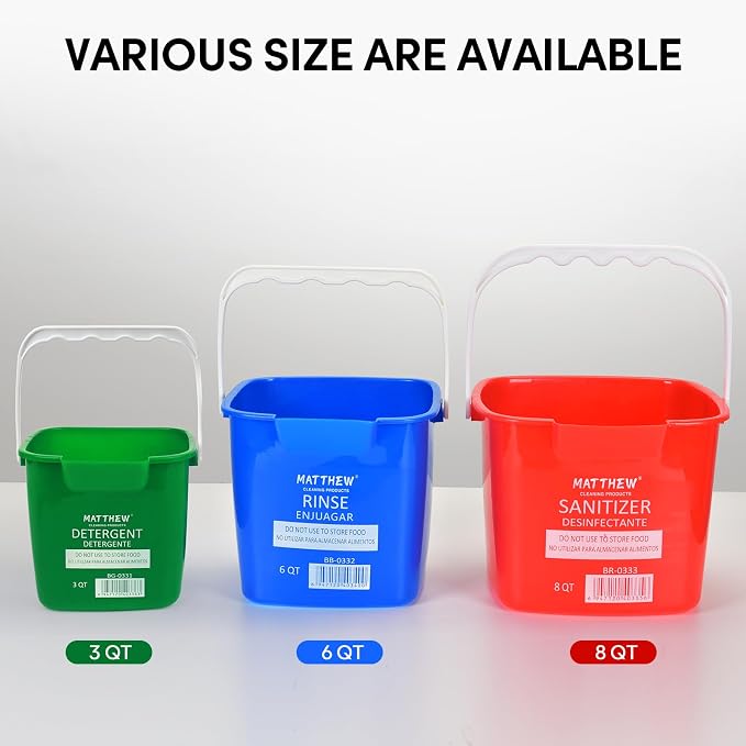 Matthew Red&Green&Blue Detergent and Sanitizing 3 Quart Cleaning Bucket &Large Plastic Tote Tool Combo,Wash Rinse Sanitize Handwash Bucket,Deluxe Supply Cleaning Caddy Incl.3Pcs Microfiber Cloths