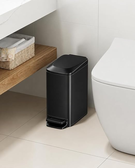 TIPGO Small Bathroom Trash Can with Lid, 1.6 Gal, Soft Close, Matte Black | Stainless Steel, 5.9'' Slim for Narrow Space, Foot Pedal, Soft Quiet Lid, Anti-fingerprint, Removable Inner Bucket, Odor Seal