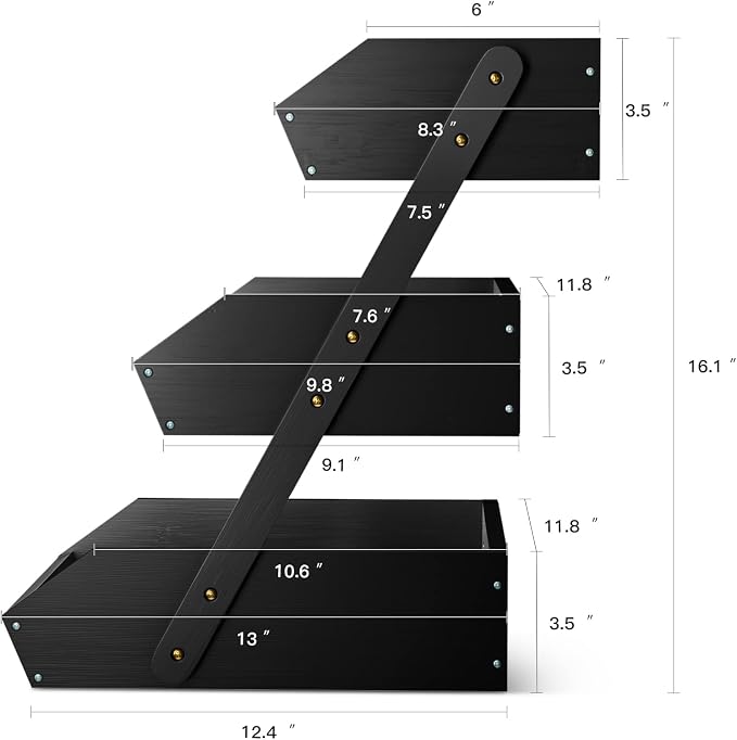 G.a HOMEFAVOR 3-Tier Fruit Basket for Kitchen Counter, Black, Self-assembly | Large Bamboo Fruit Holder for Kitchen Countertop, Snack Vegetable Storage Stand and Home Organizer